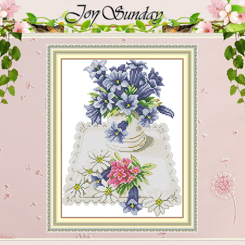Napkin Folding Set - レースナプキンに青い花模様のカウントクロスステッチセット 11CT 14CT 16CT スタンプ入り DMC