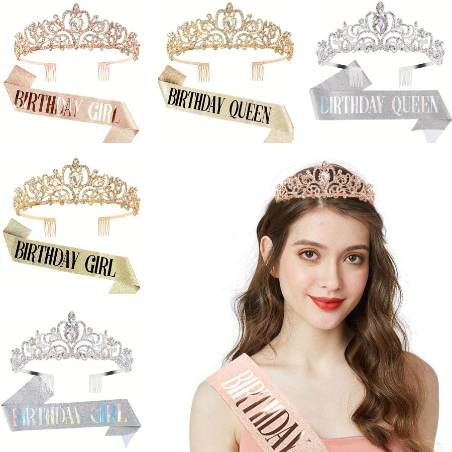 Birthday Sash Glitter - 2個セット キラキララインストーンクリスタルクラウンティアラ 誕生日ガールクイーンサッシュとクラウン 女性用誕生日パーティーデコレーションキット