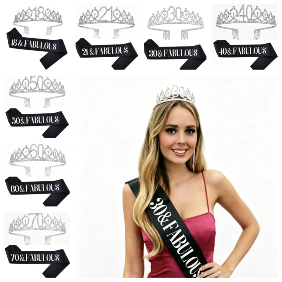 Birthday Sash Glitter - グリッターシルバーバースデーティアラクラウンサッシュ女性女の子18歳21歳30歳40歳50歳60歳70歳誕生日パーティープロムギフト