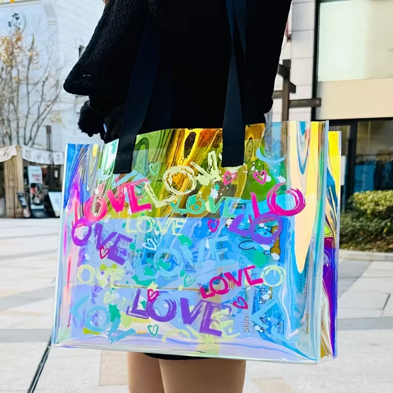 Event & Party Supply - ファッショナブルなレーザープリントのハンドバッグ。PVCゼリー素材で作られており、女性の日常使いに最適です。デート、スポーツイベント、コンサート、カジュアルな外出、お祭りの日に最適で、水泳用バッグとしても使用できます。