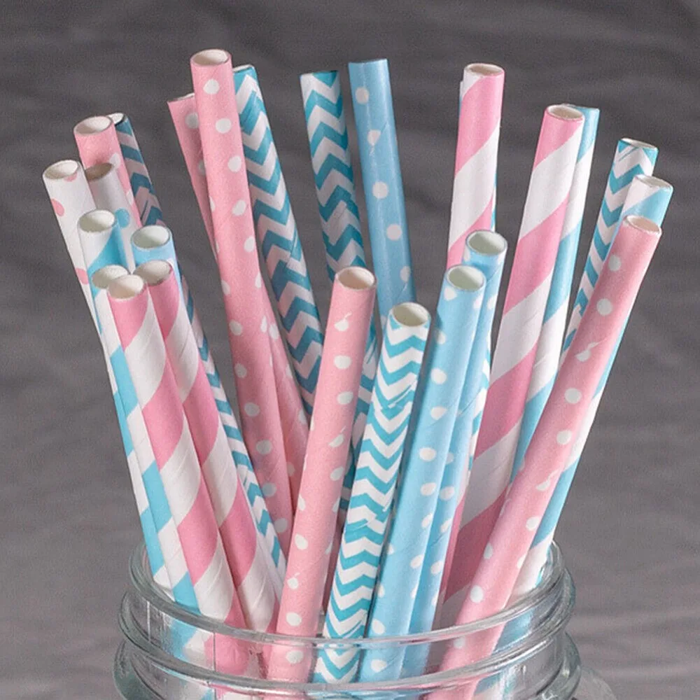 Paper Straw Color - 100 個バルクパック紙ストローパターンカラー - 生分解性ストローパーティーサプライヤー
