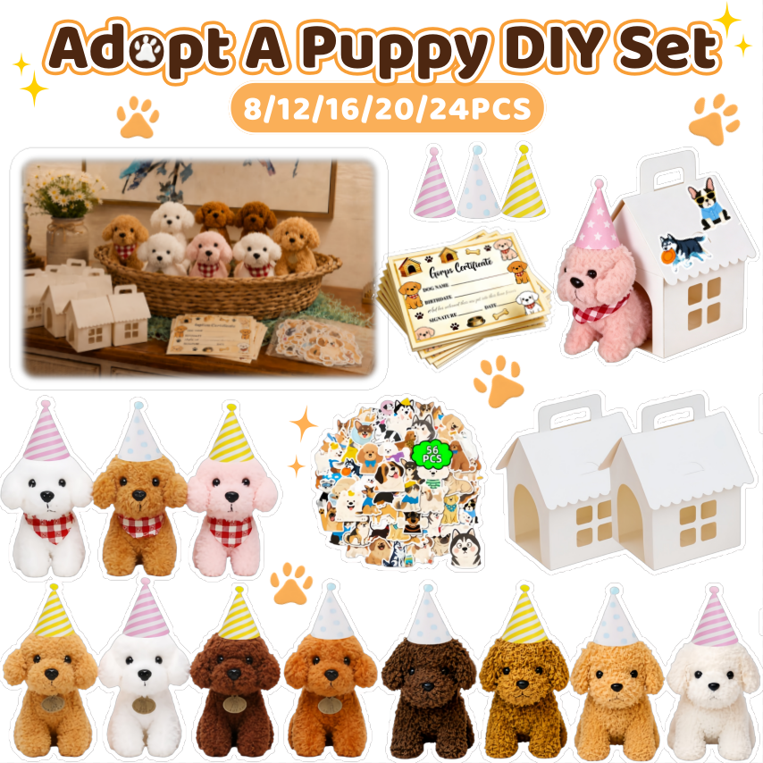 Event Party - 8～24個セット テディドッグ DIY 子犬を採用しよう パーティーギフト ミニぬいぐるみ子犬ハウスとステッカー付き