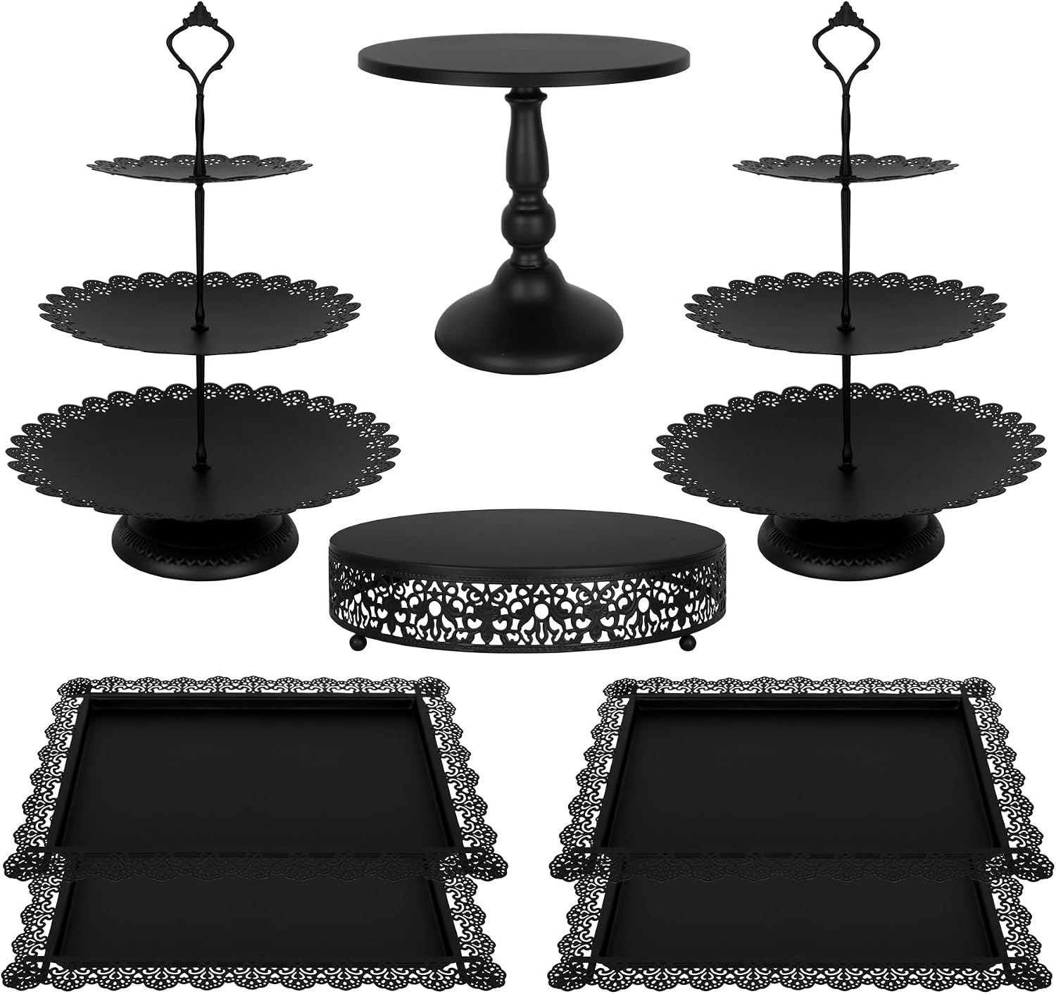 Cupcake Stand Tier - ブラックメタルデザートテーブルディスプレイセット8点セット 3段カップケーキスタンド レースエッジケーキタワー 長方形サービングトレイ 結婚式 誕生日