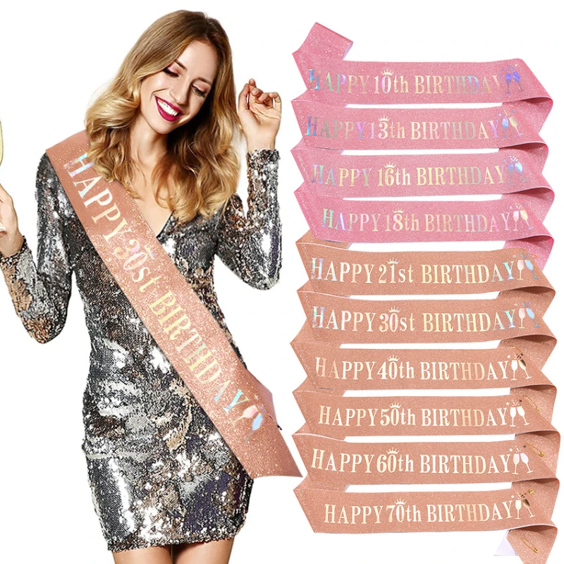 Birthday Sash Glitter - 誕生日パーティー用のグリッターサッシ、女の子と女性のための装飾用品を好む、幸せな10、13、20、30、40、50、60周年記念