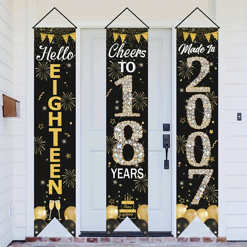 Party Banner Gold - 2D 3ピース 18歳の誕生日ドアバナーセット、ブラックゴールド吊り下げポーチサイン、大人の誕生日パーティー装飾用品