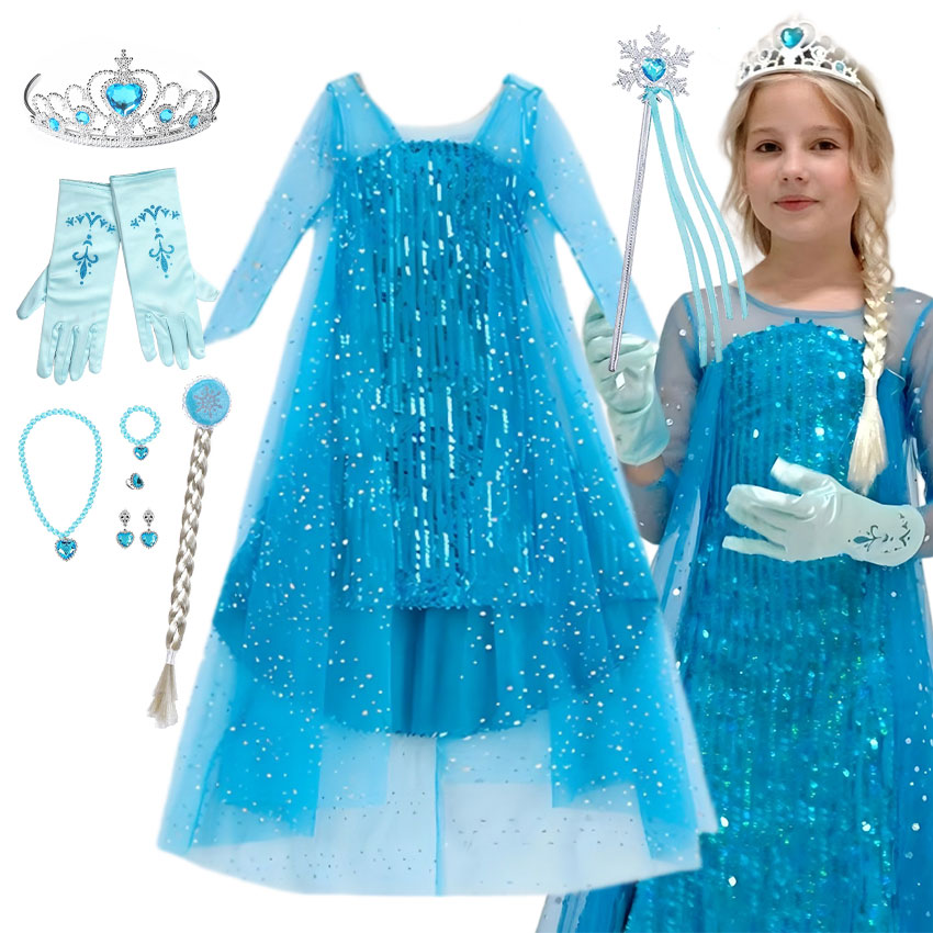 Glitter Tablecloth - 女の子の見事なプリンセスマキシドレス全身スパンコールカバーブルートレインキラキラチュール衣装雪の女王パーティーエルサコスプレ衣装