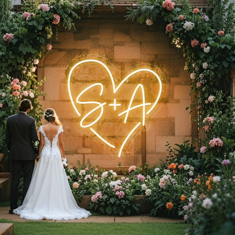 Eve Party - カスタムイニシャルハートLEDネオンサイン、結婚式パーティーの背景、家の壁の装飾、カップルへのギフト用のパーソナライズされたネームネオンライト