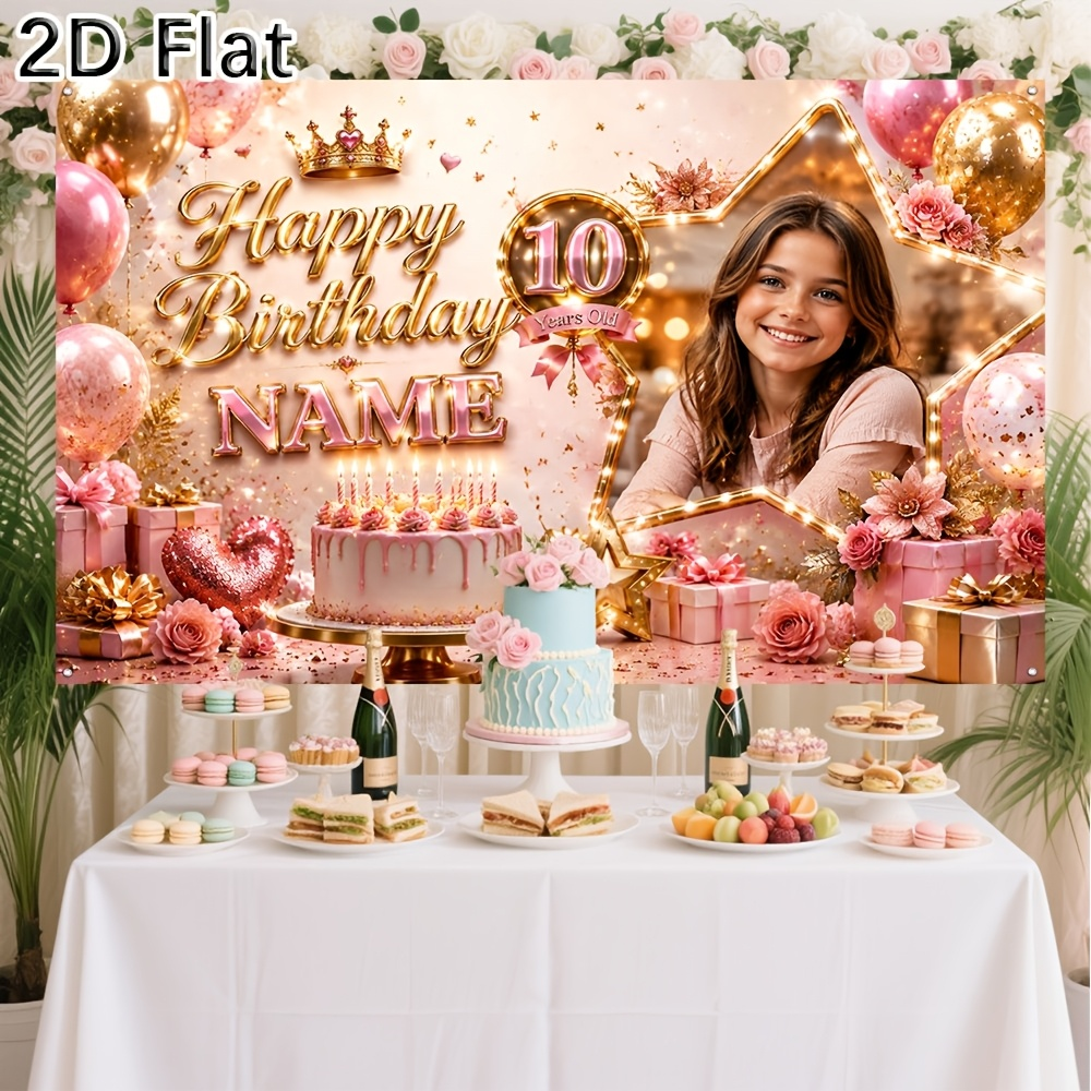 Party Banner Gold - 1個入り パーソナライズされたピンクゴールド 10歳の誕生日おめでとう背景幕 カスタム名入り写真バナー 女の子の誕生日パーティー装飾用