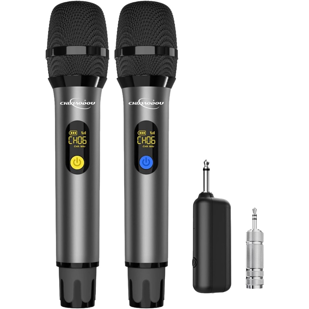 Event & Party Supply - UHFメタル製デュアルハンドヘルドダイナミックマイク、充電式受信機、164フィートの受信範囲、カラオケ、スピーチ、イベント用