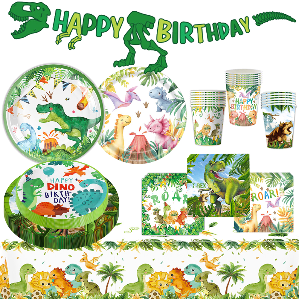 Table Cloth Disposable - 恐竜誕生日使い捨て食器プレートカップナプキンテーブルクロスキッズ誕生日パーティーベビーシャワー装飾用品