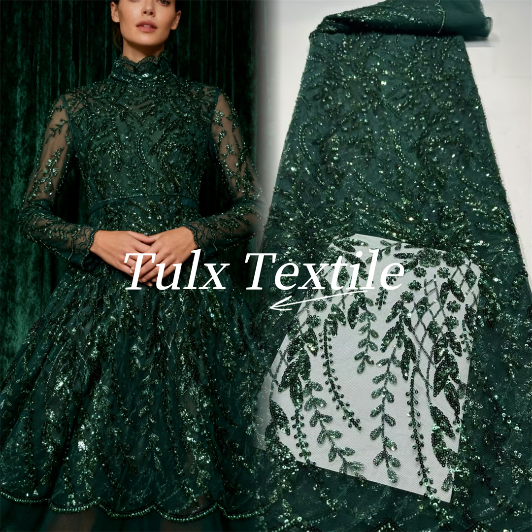 Glitter Tablecloth - フランス製レース生地 2026 高品質 アフリカ風ビーズ刺繍 ナイジェリア製スパンコールチュールレース 5ヤード