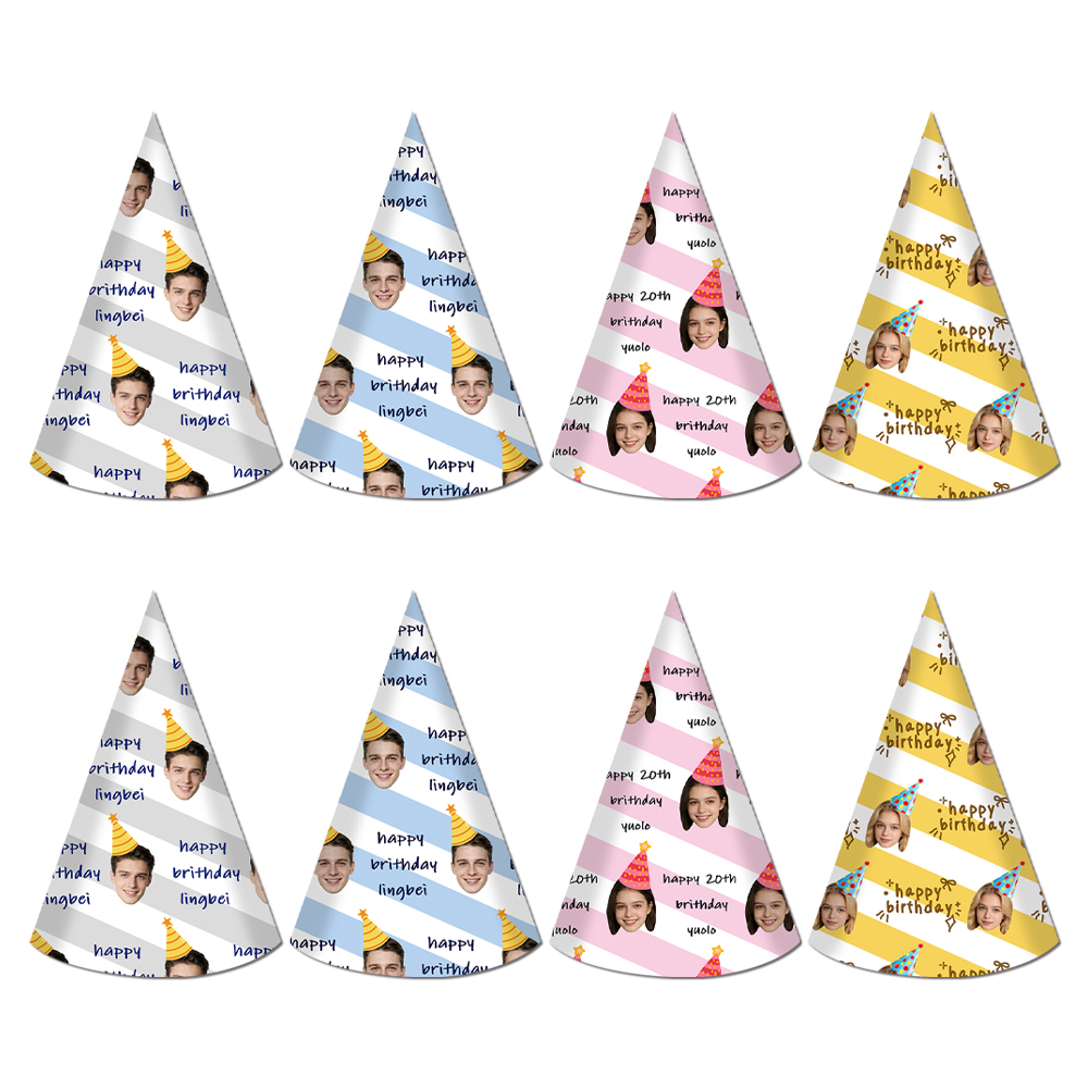 Party Hat Cone - 8個入り カスタムテキストと写真入り パーティーコーンハット パーソナライズされた誕生日帽子 紙製帽子 ヘッドウェア
