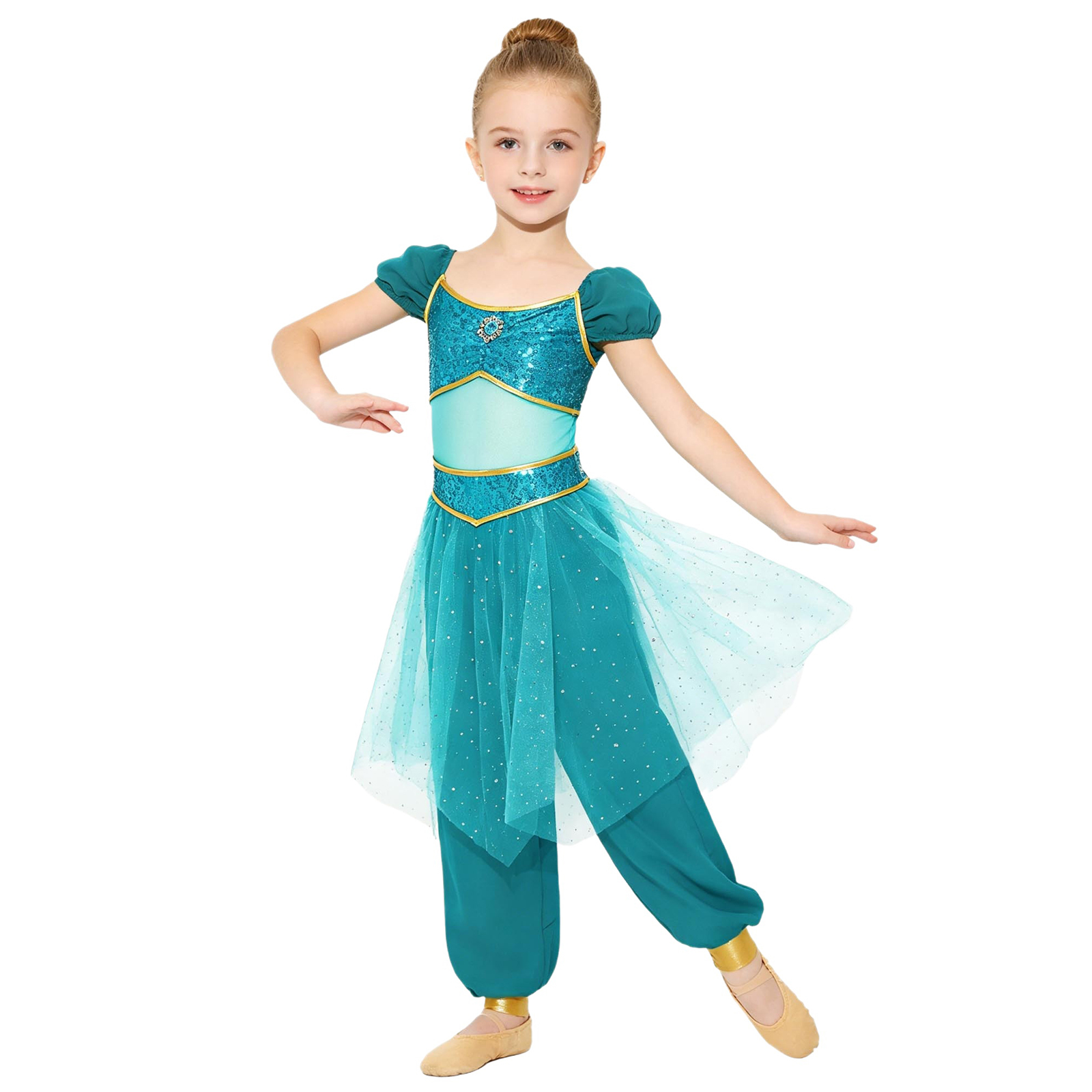 Glitter Tablecloth - 子供用スパンコールチュールオーバーレイジャンプスーツ女の子用アラビアンプリンセスコスプレ衣装ベリーダンスロンパースハロウィン衣装用