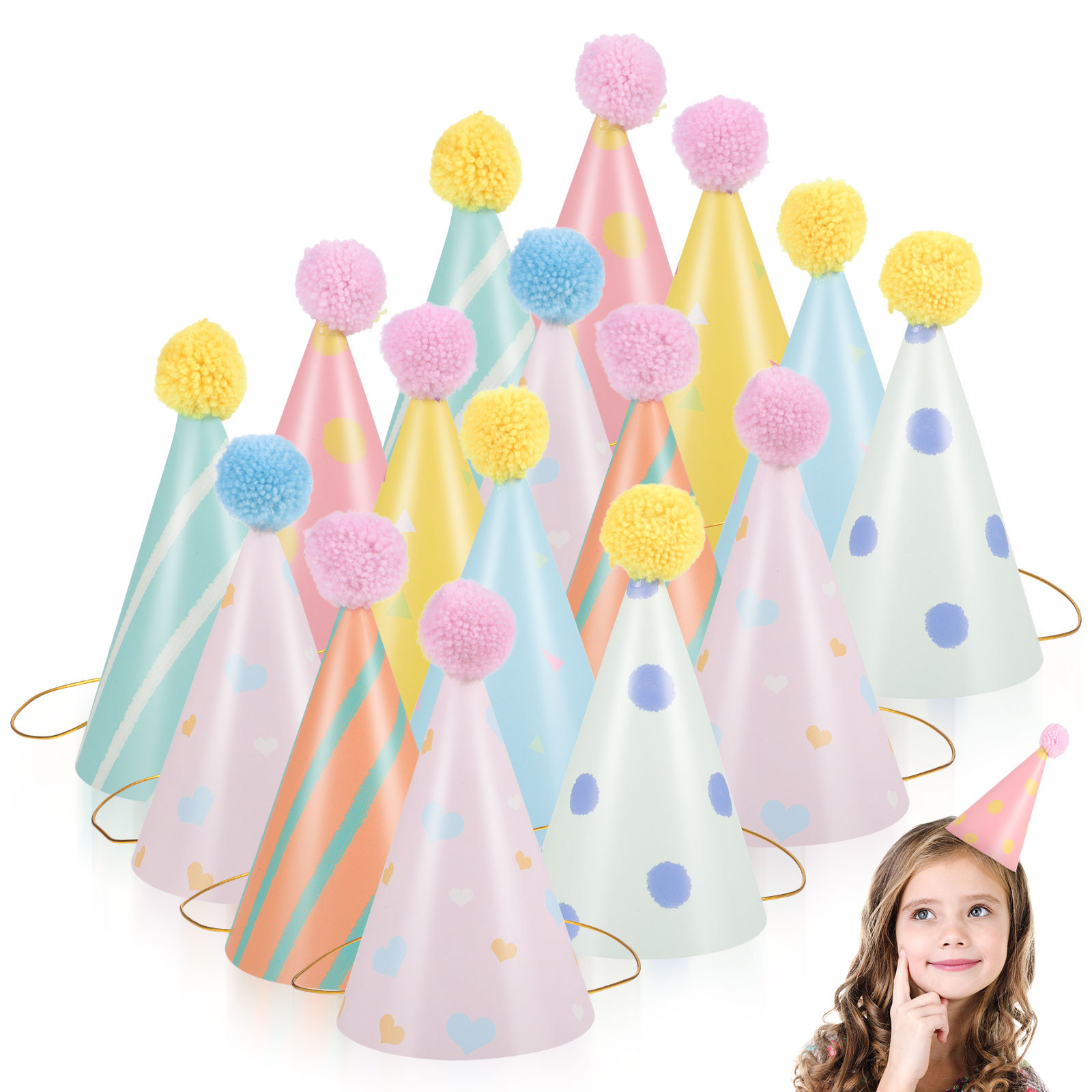Party Hat Cone - 14個入り紙製誕生日帽子 子供用 円錐形パーティーハット ポンポン付き ユニセックス幼児用誕生日キャップセット カラフルで楽しい