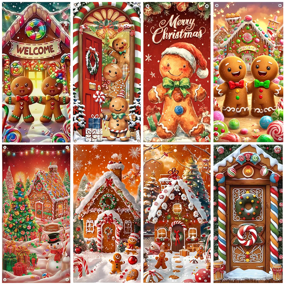 Party Event Supply Store - 漫画かわいいジンジャーブレッドマンテーマ背景クリスマスパーティー装飾キャンディーストア背景雪景色写真用品