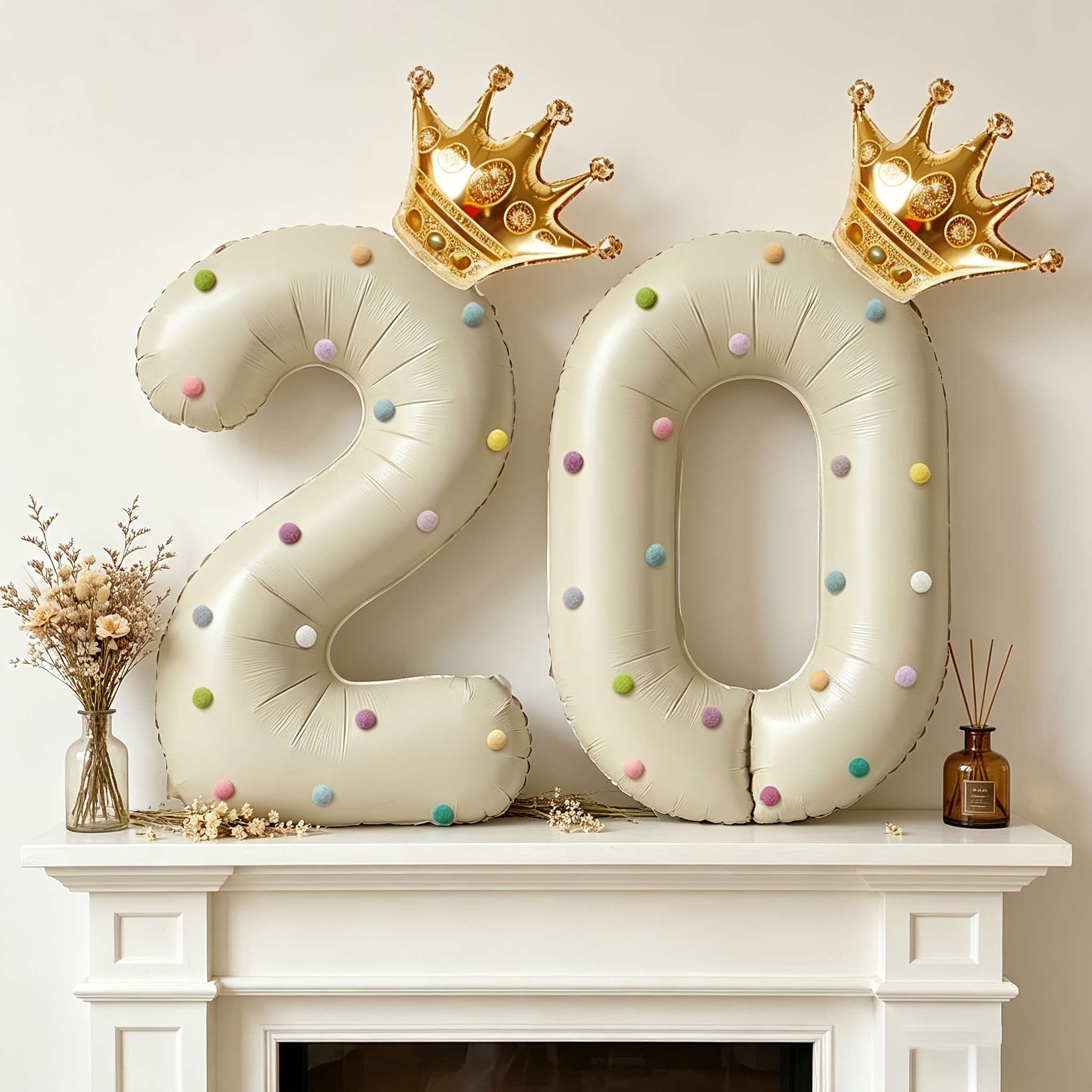 Party Event Supply Store - 大きな40インチのクリーム色の数字型フォイルバルーン、王冠、ポンポン、粘着タブ付き、誕生日パーティーの装飾、洗礼式、パーティー用品、記念日、結婚式、婚約イベントの装飾、店舗や会場のイベント装飾に最適です。