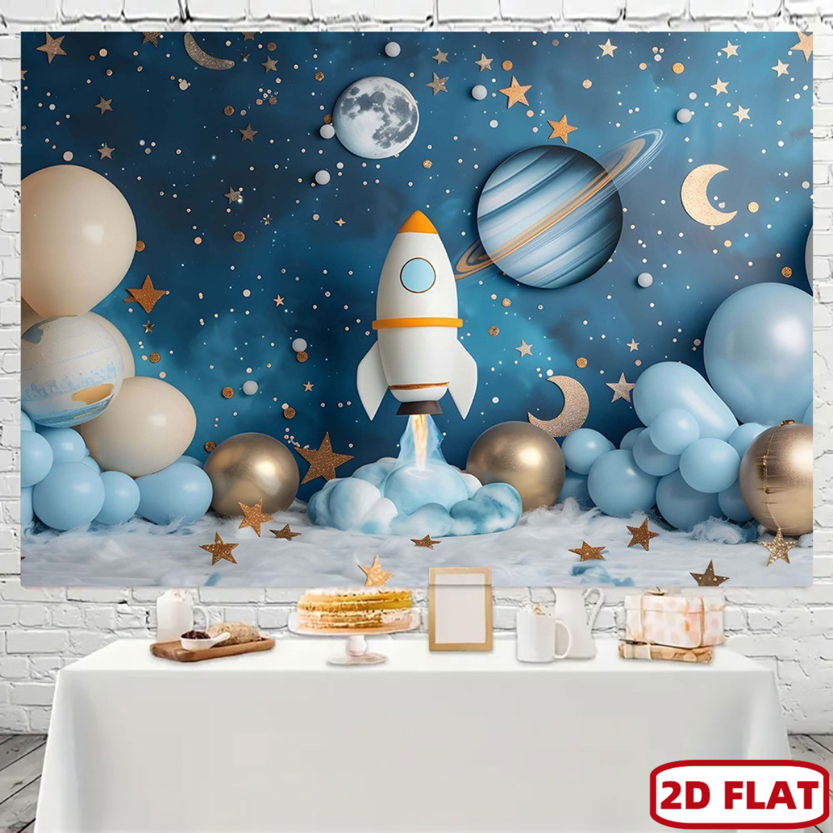 Event Launch Party - 2D フラット 1pc 宇宙テーマパーティーバナー - ロケット打ち上げ、惑星、星、風船