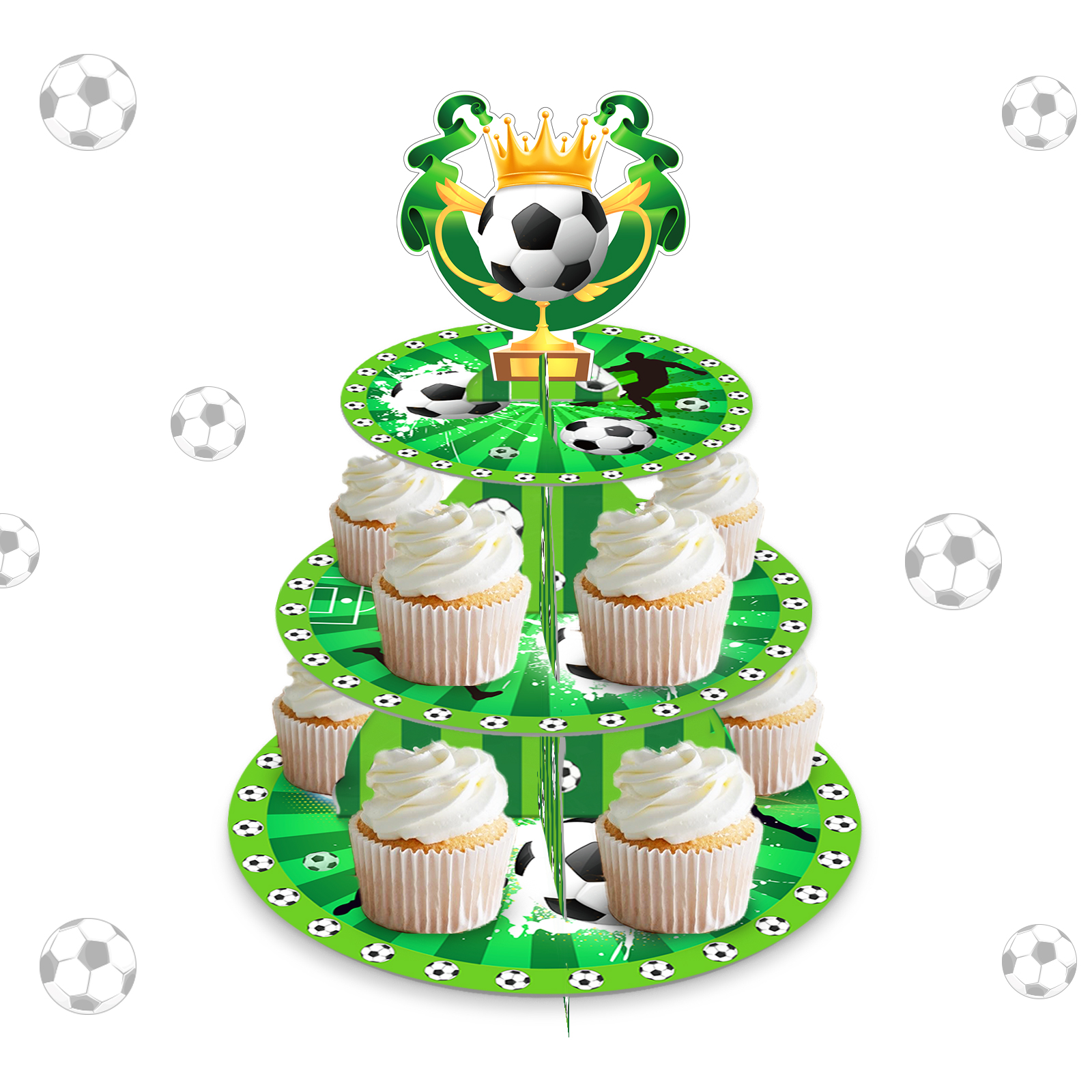 Cupcake Stand Tier - 3段サッカーケーキスタンド、誕生日デザートカップケーキラックスタンド、お祭りパーティーケーキトレイデコレーション