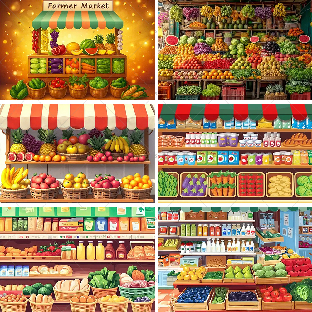 Party Event Supply Store - カラフルなスーパーマーケットの棚の背景、新鮮な果物や野菜、食料品店、パーティーの装飾、背景幕、写真撮影用品