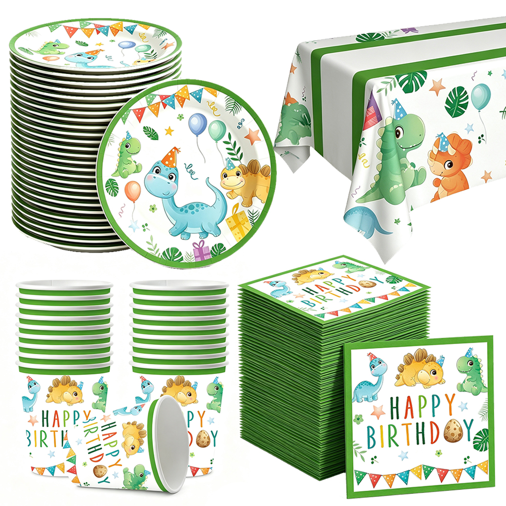 Table Cloth Disposable - かわいい漫画グリーン恐竜使い捨て食器紙皿カップナプキンテーブルクロス誕生日パーティーベビーシャワー装飾用品