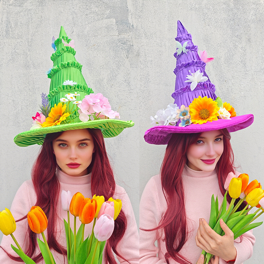 Party Hat Cone - イースターウィッチハット魔法少女帽子パーティーステージ写真撮影用小道具円錐形ワイドブリムフラットエッジポリエステル繊維幾何学模様カラーブロック