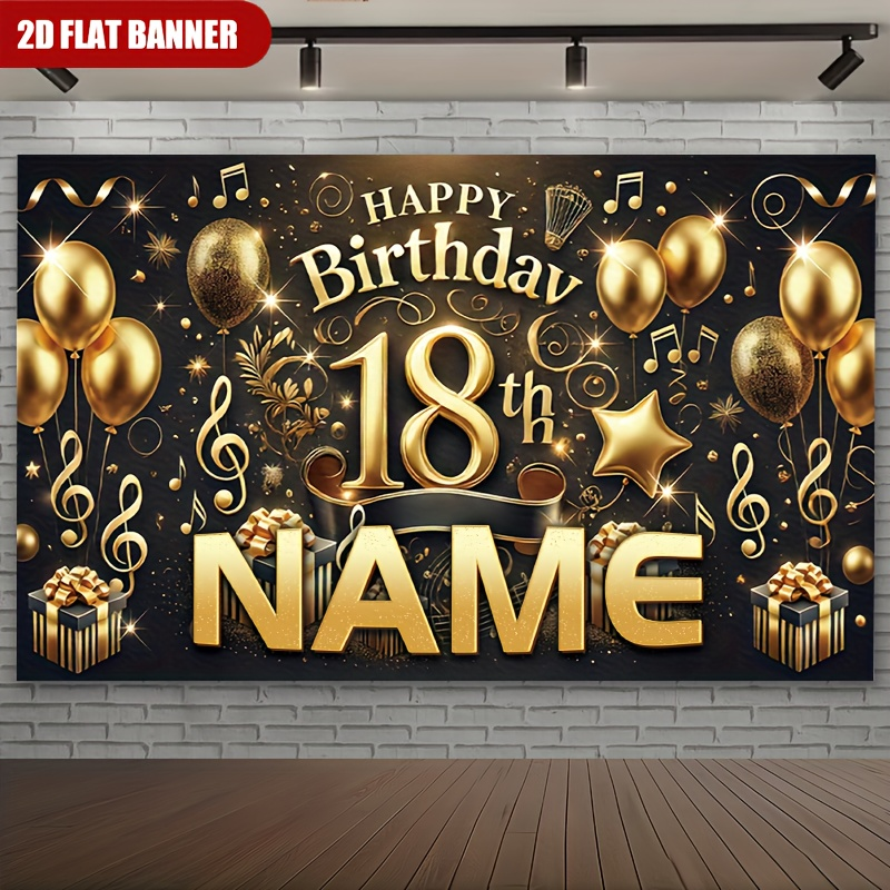 Party Banner Gold - 1個入り ハッピー18歳の誕生日 カスタムネーム パーティーバナー 背景装飾 ゴールドブラック