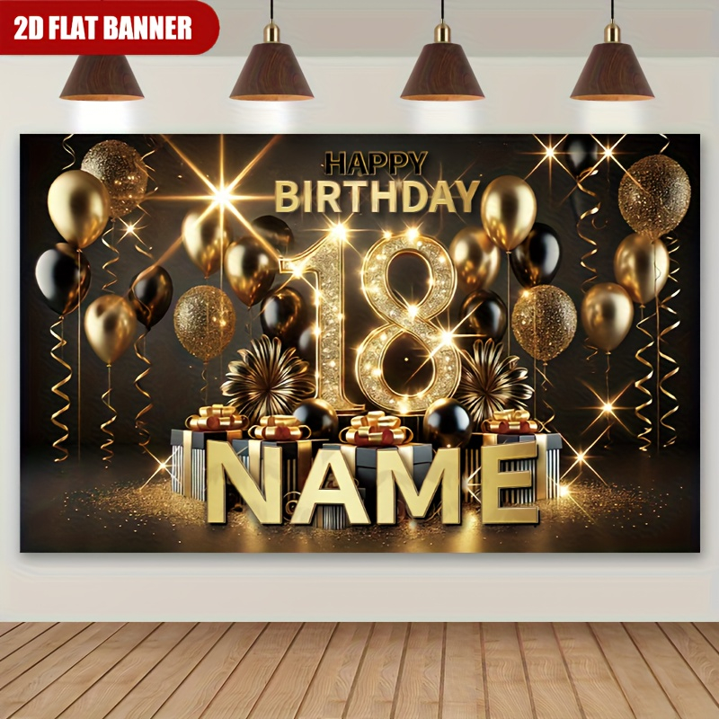 Party Banner Gold - 1個入り 高級ブラックゴールド 18歳の誕生日を祝う背景幕 カスタムネーム パーティーバナー デコレーション