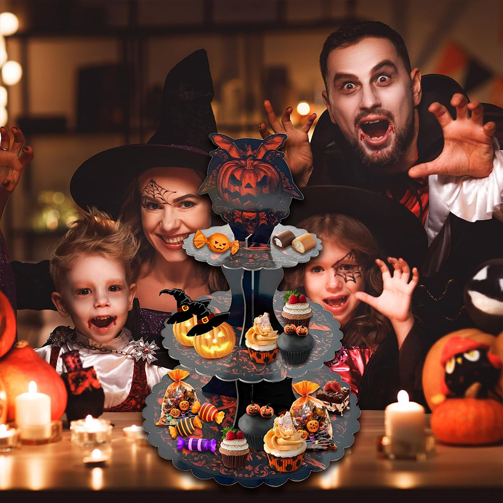 Cupcake Stand Tier - ハロウィンケーキスタンド カボチャコウモリゴースト柄 3段段ボールカップケーキスタンド デザートディスプレイホルダー ハロウィンパーティーデコレーション