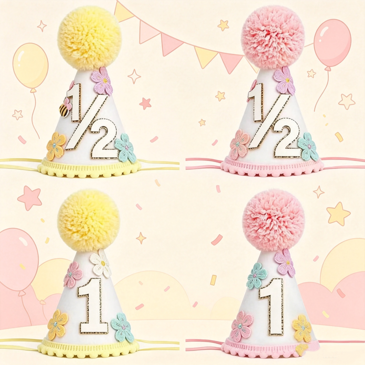 Party Hat Cone - カラフルなフラワー1歳半誕生日コーンハット 女の子用、ベビー1/2歳誕生日コーンハット パーティーハット衣装 女の子/男の子用