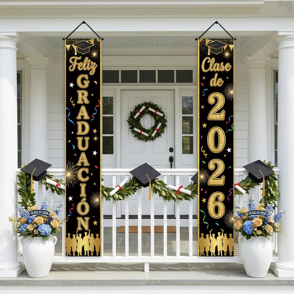 Party Banner Gold - Feliz Graduacion 2026年卒業式バナー、黒と金のポーチサインセット（スペイン語卒業パーティー装飾用）