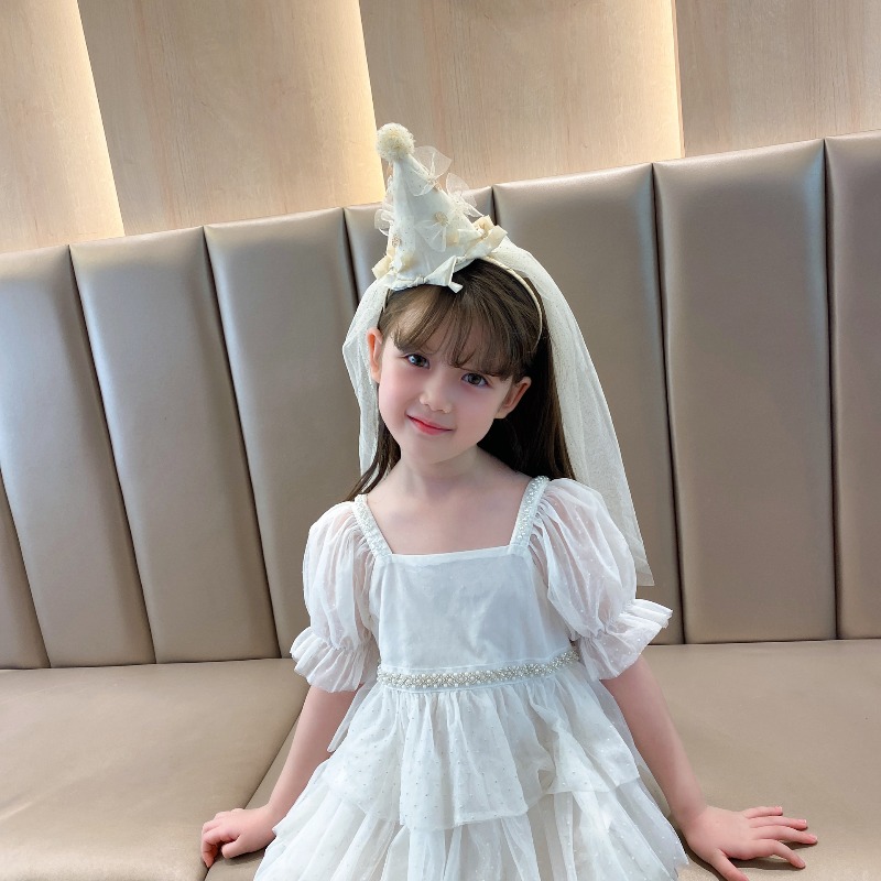 Party Hat Cone - 子供の誕生日パーティーヘッドバンド スパークルチュールベール コーンハットヘッドバンド パールボウ付き プリンセスヘアアクセサリー 写真撮影用デコレーション