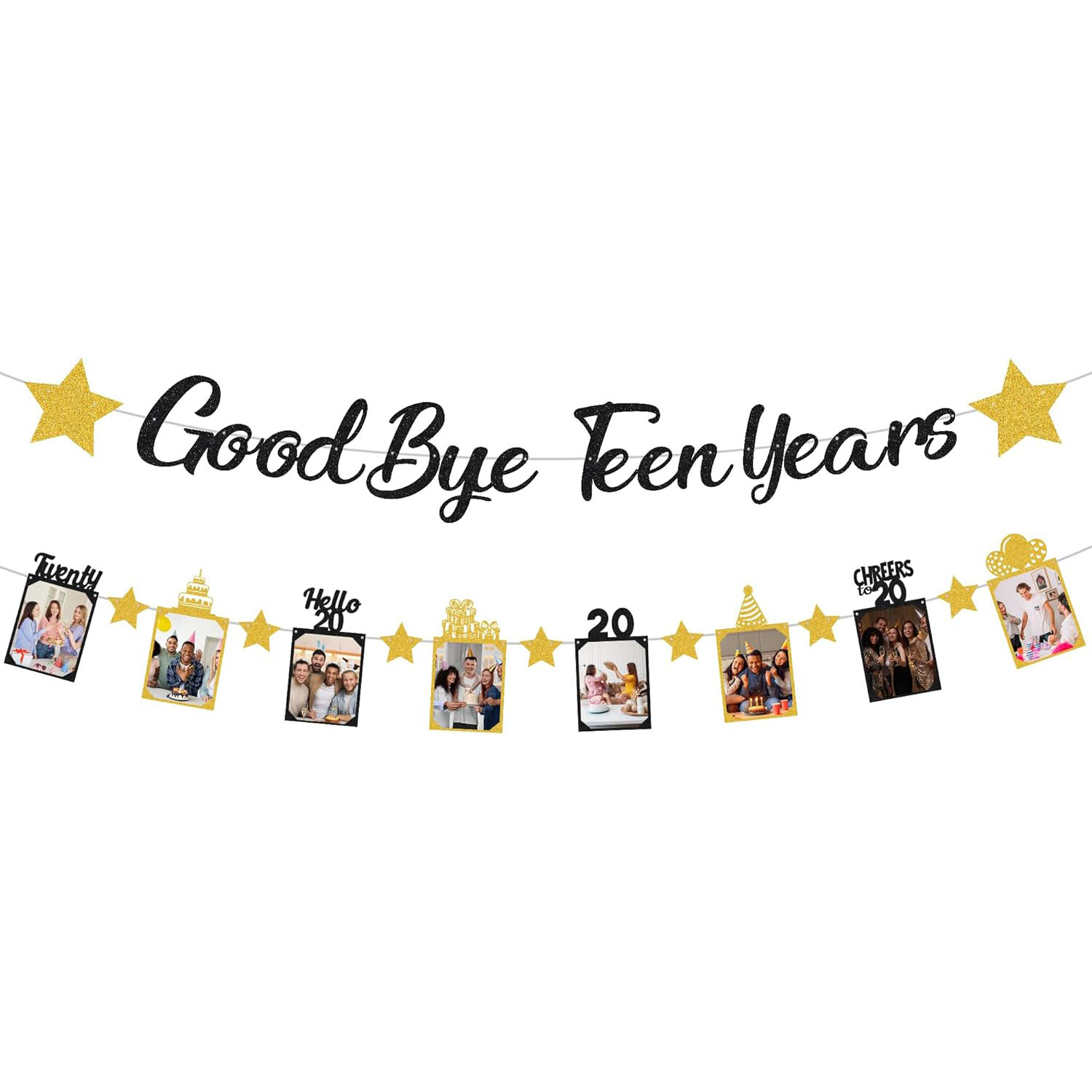 Party Banner Gold - ブラックゴールドグリッター「Goodbye Teen Years」バナー、男性/女性向けの20歳の誕生日パーティーデコレーション、「Goodbye Teen Years」誕生日