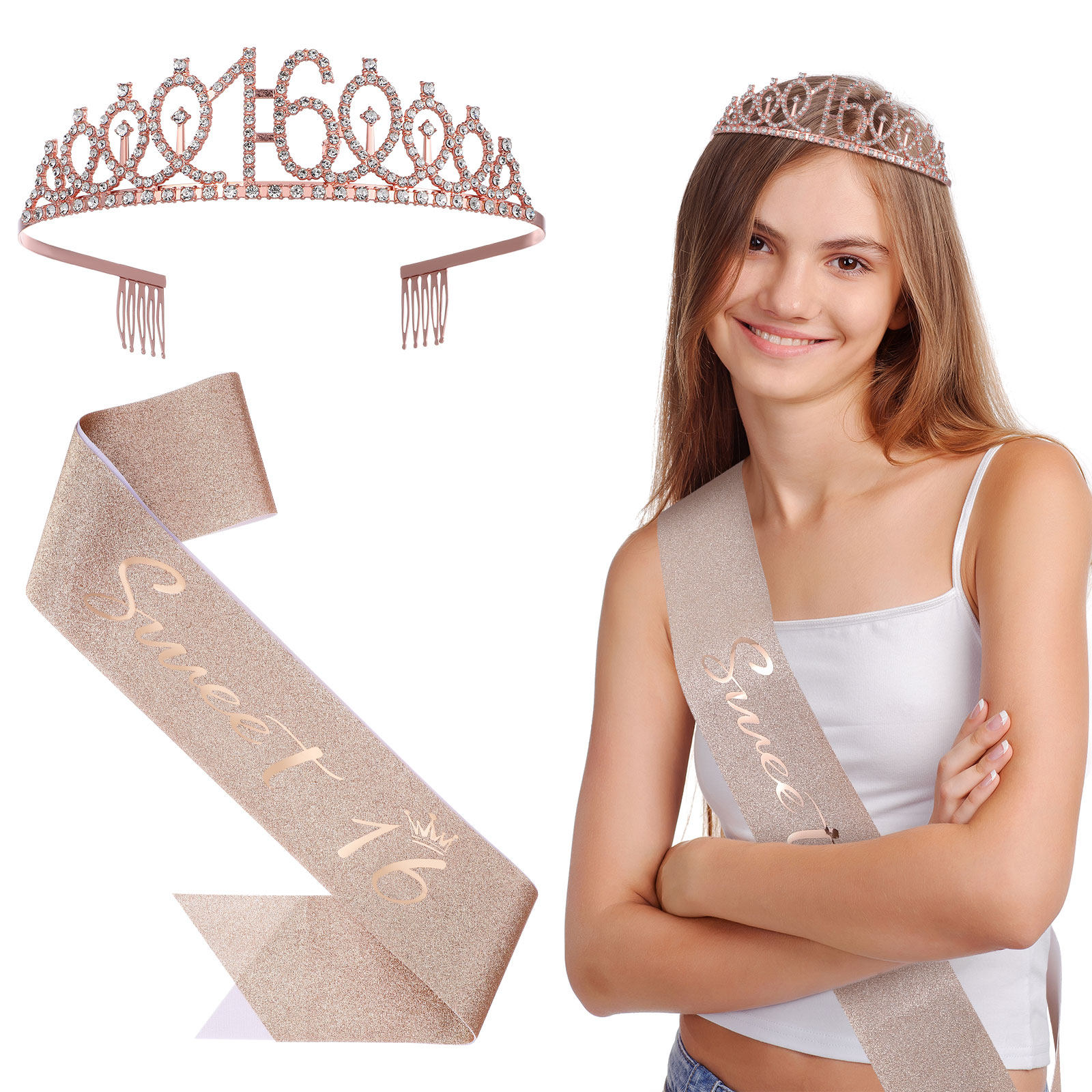 Birthday Sash Glitter - 1セットのキラキラ光る誕生日ティアラヘッドバンドとスタイリッシュなサッシュ、女性、女の子向け、16歳の誕生日、エレガントなお祝いアクセサリーセット