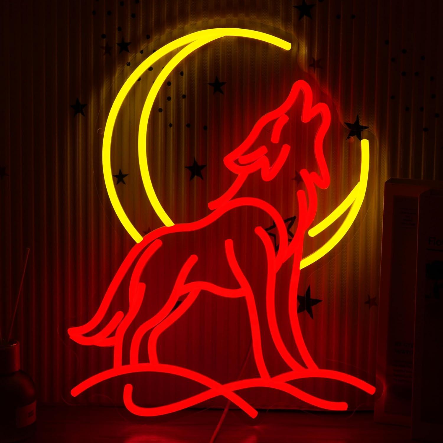 Neon Sign Party - ハウリングウルフネオンサイン調光可能LEDライト、月のアクセント付き、寝室、ゲームルーム、バー、パーティー、男の隠れ家、美的壁飾り、ギフトに最適