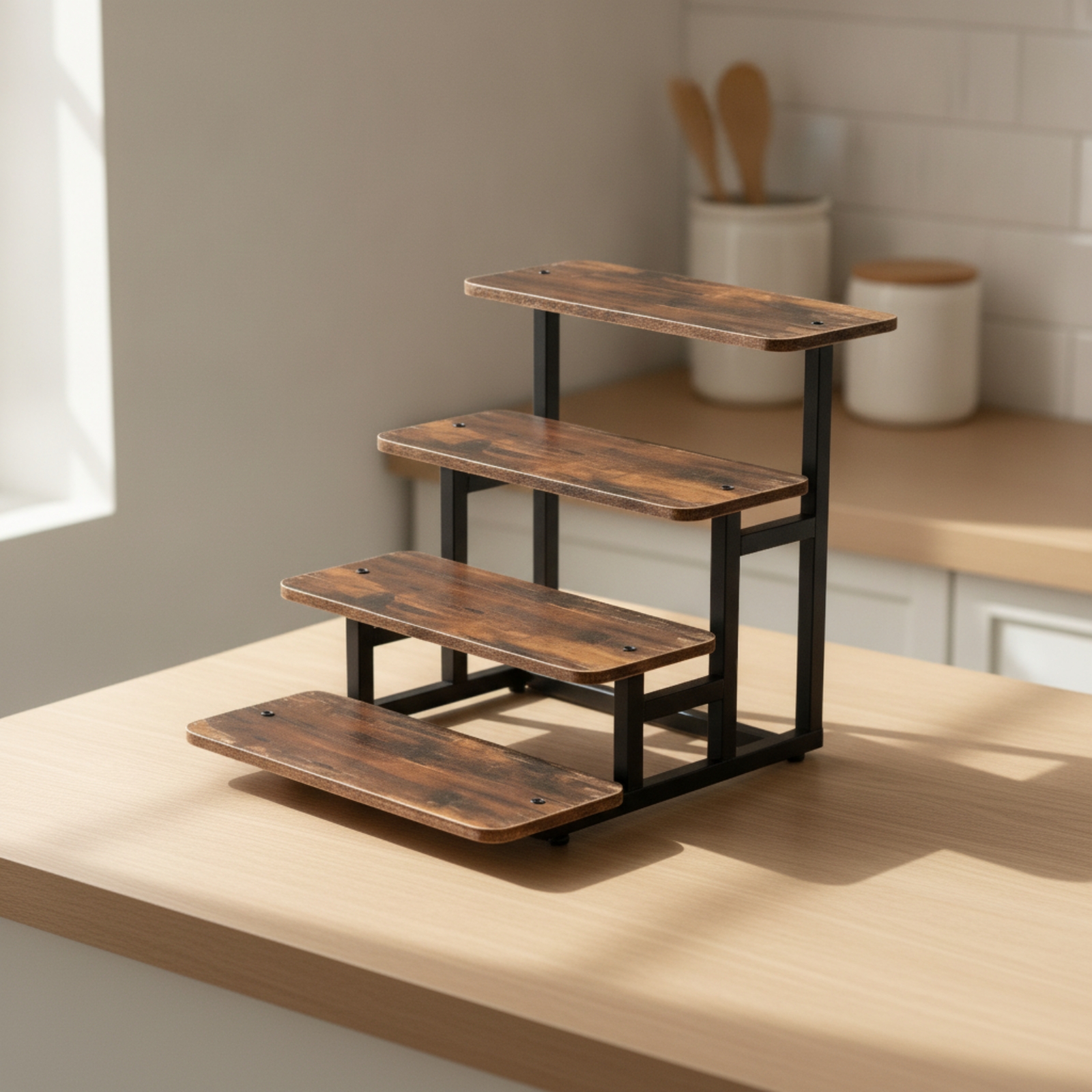 4段ディスプレイスタンド 卓上カップケーキスタンド 木製棚付 - Cupcake Stand Tier のレビューと価格
