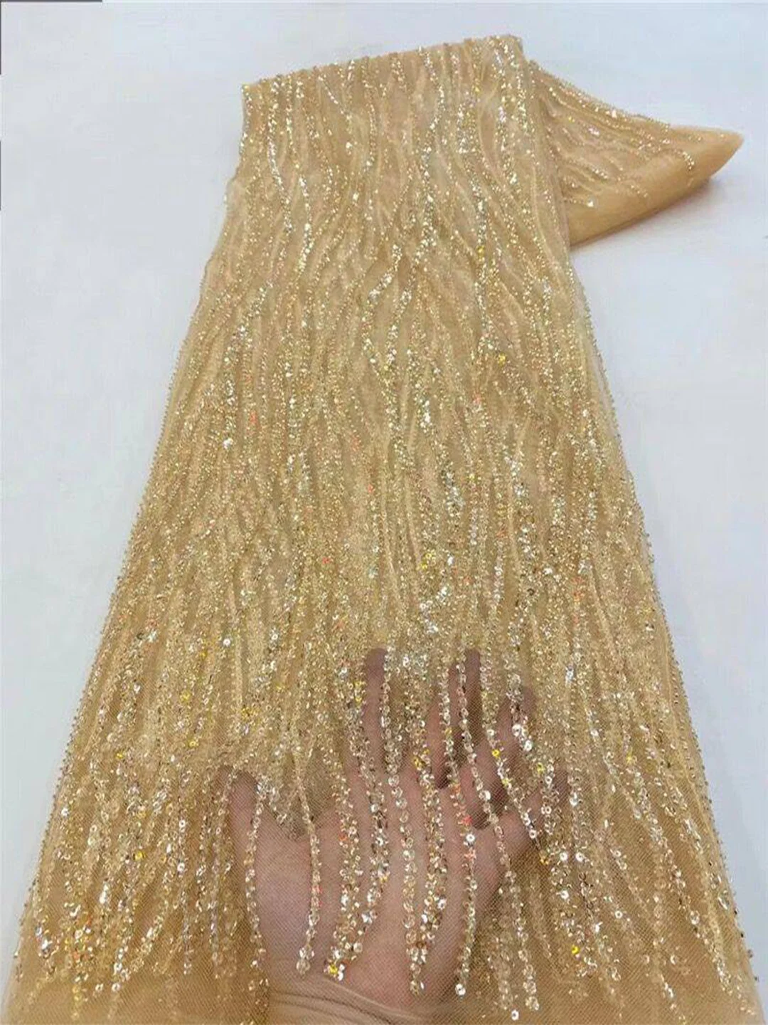 ゴールドカラーのアフリカ刺繍チュールネット生地、高級ビーズと - Glitter Tablecloth のレビューと価格