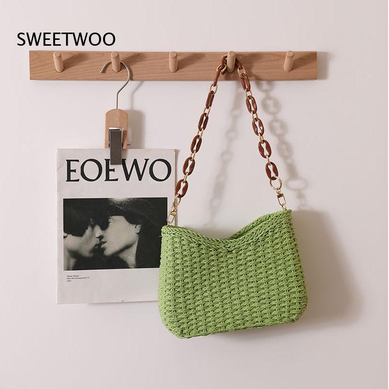 ソリッドカラー中空織りわらショルダーバッグ脇の下ハンドバッグ - Paper Straw Color のレビューと価格