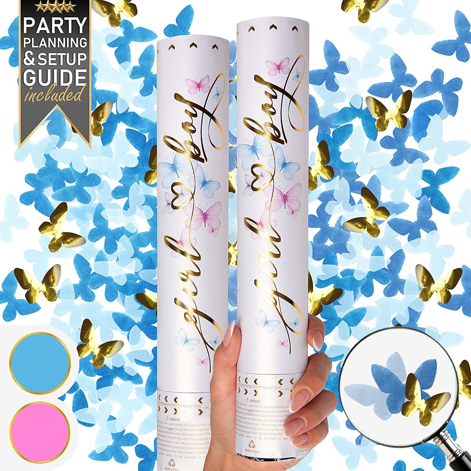 性別発表パーティー用紙吹雪キャノン - 蝶々型紙吹雪サルート - Confetti Cannon Tube のレビューと価格