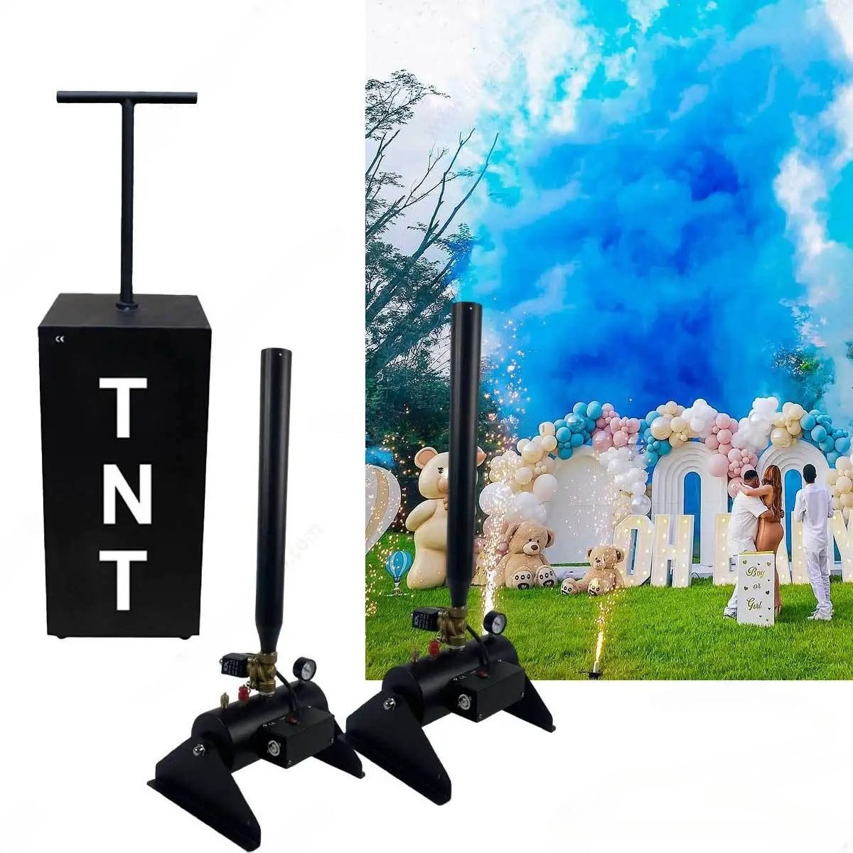 人気の電子式リモコン操作カラースモークスプレーヤー、青とピン - Confetti Cannon Tube のレビューと価格