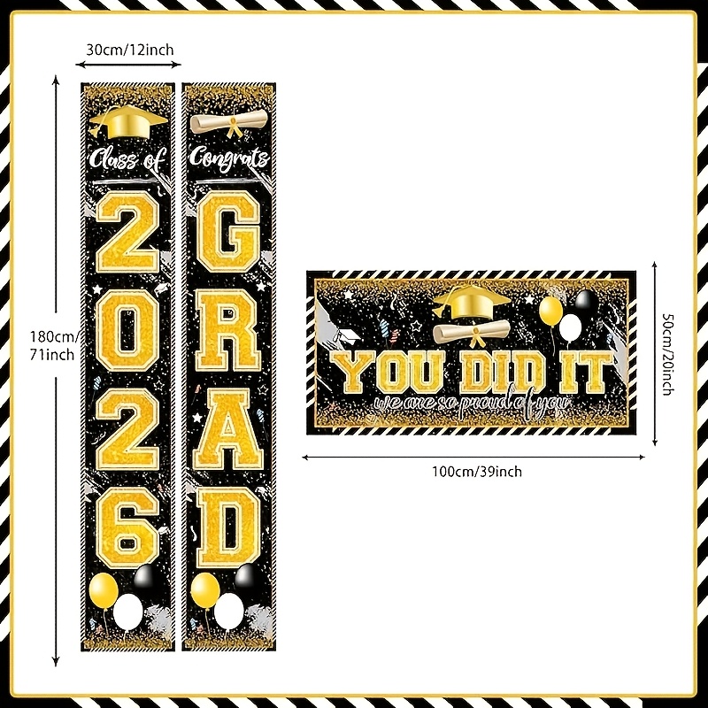 2D 3枚セット 2026年卒業式バナー、黒金/青/ピンクの - Party Banner Gold のレビューと価格