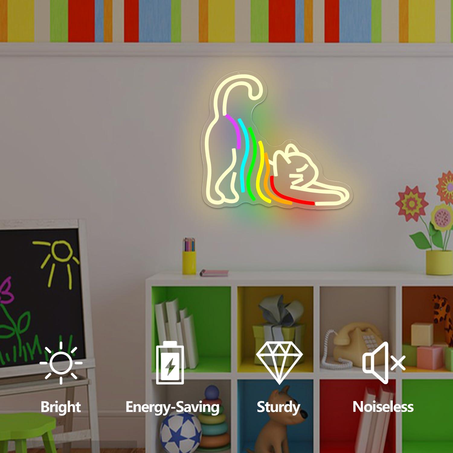 レインボーストレッチキャットネオンサインは、寝室、子供部屋、 - Neon Sign Party のレビューと価格