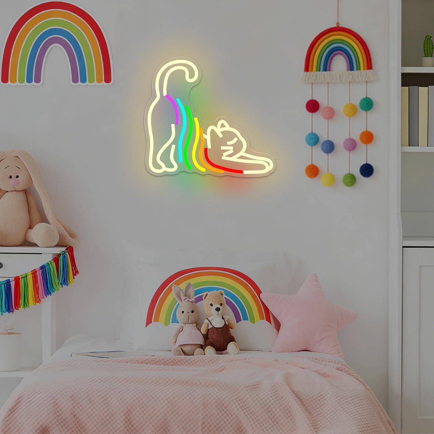 レインボーストレッチキャットネオンサインは、寝室、子供部屋、 - Neon Sign Party のレビューと価格