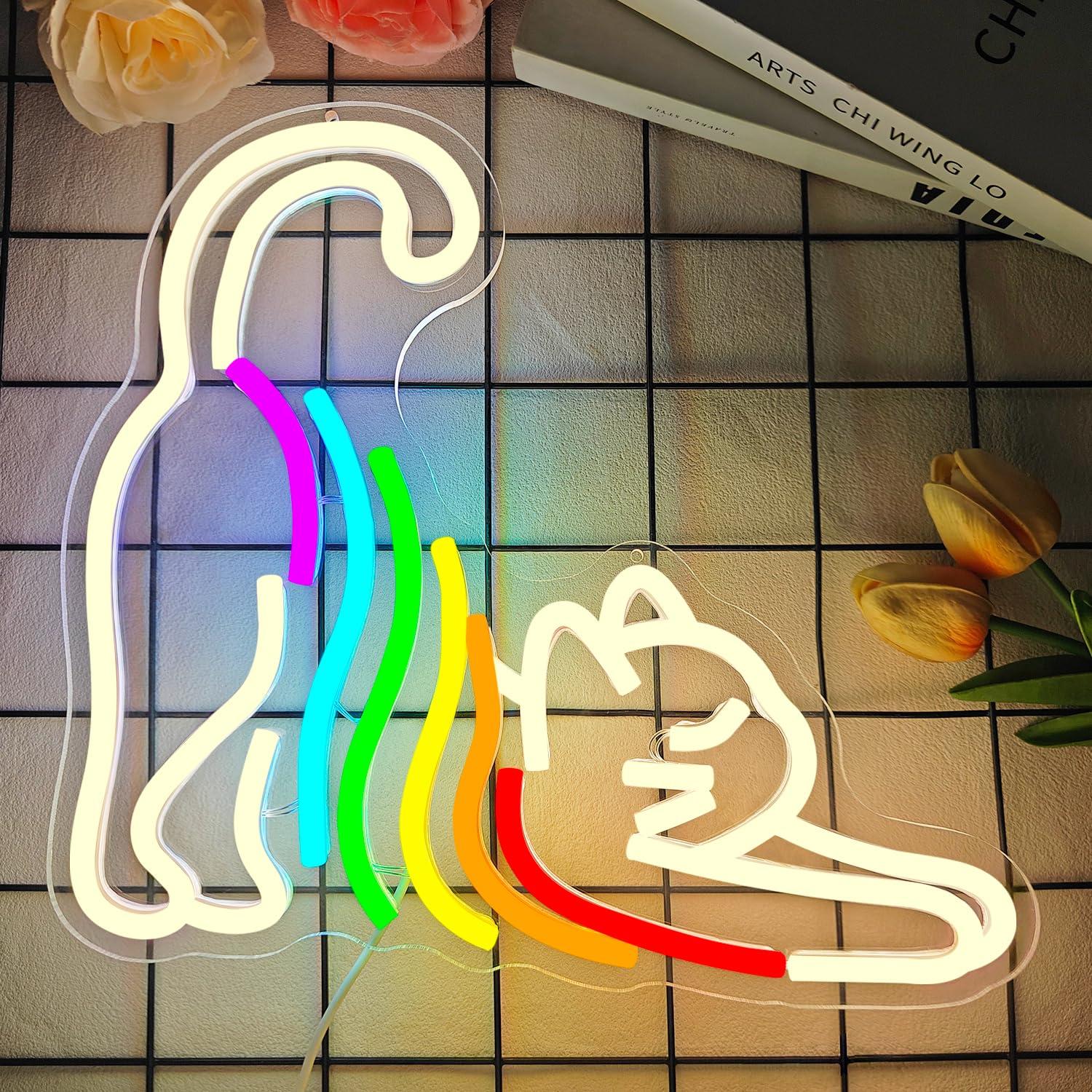 レインボーストレッチキャットネオンサインは、寝室、子供部屋、 - Neon Sign Party のレビューと価格