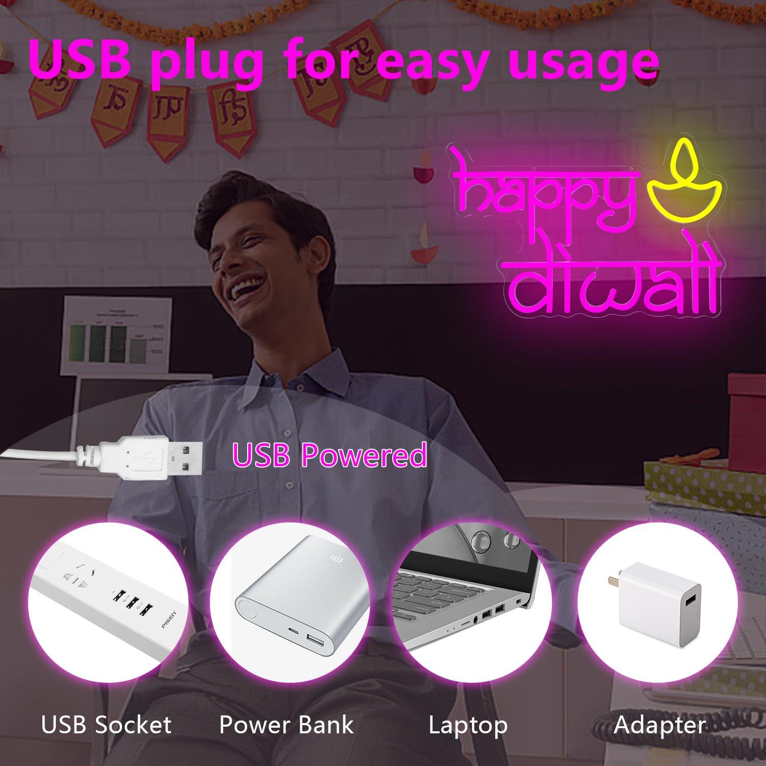 ハッピーディワリネオンサインUSB電源LED調光可能ネオンラ - Neon Sign Party のレビューと価格