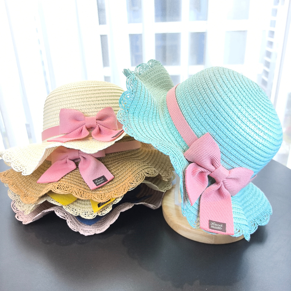 女の子 2 個麦わら帽子ソリッドカラー屋外旅行日よけ帽子花柄 - Paper Straw Color のレビューと価格