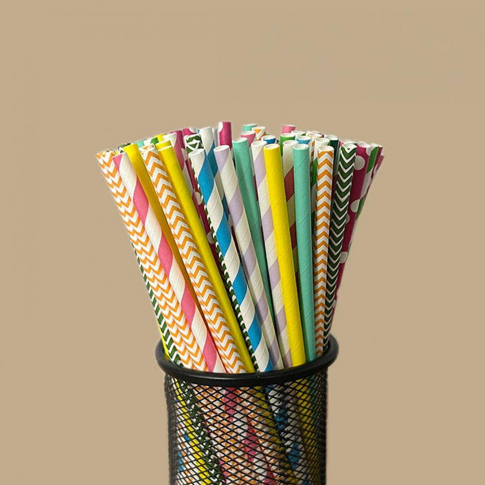 100本 カラフルなストライププリント使い捨てストロー 生分 - Paper Straw Color のレビューと価格