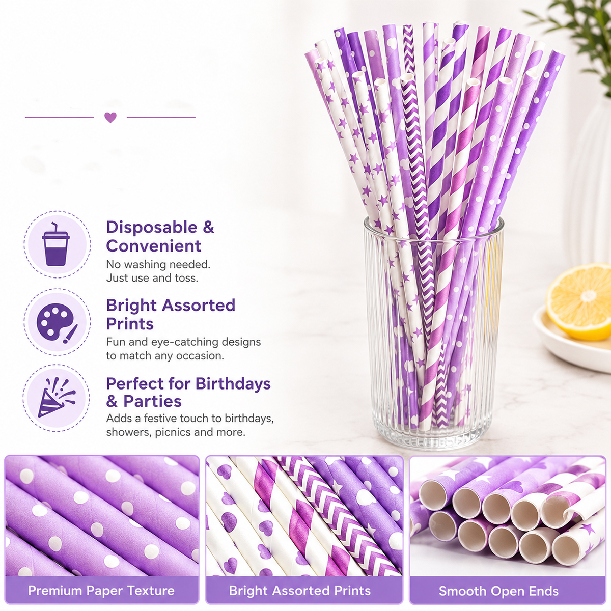 25本入り カラフルな模様入り紙ストロー、使い捨てエコフレン - Paper Straw Color のレビューと価格