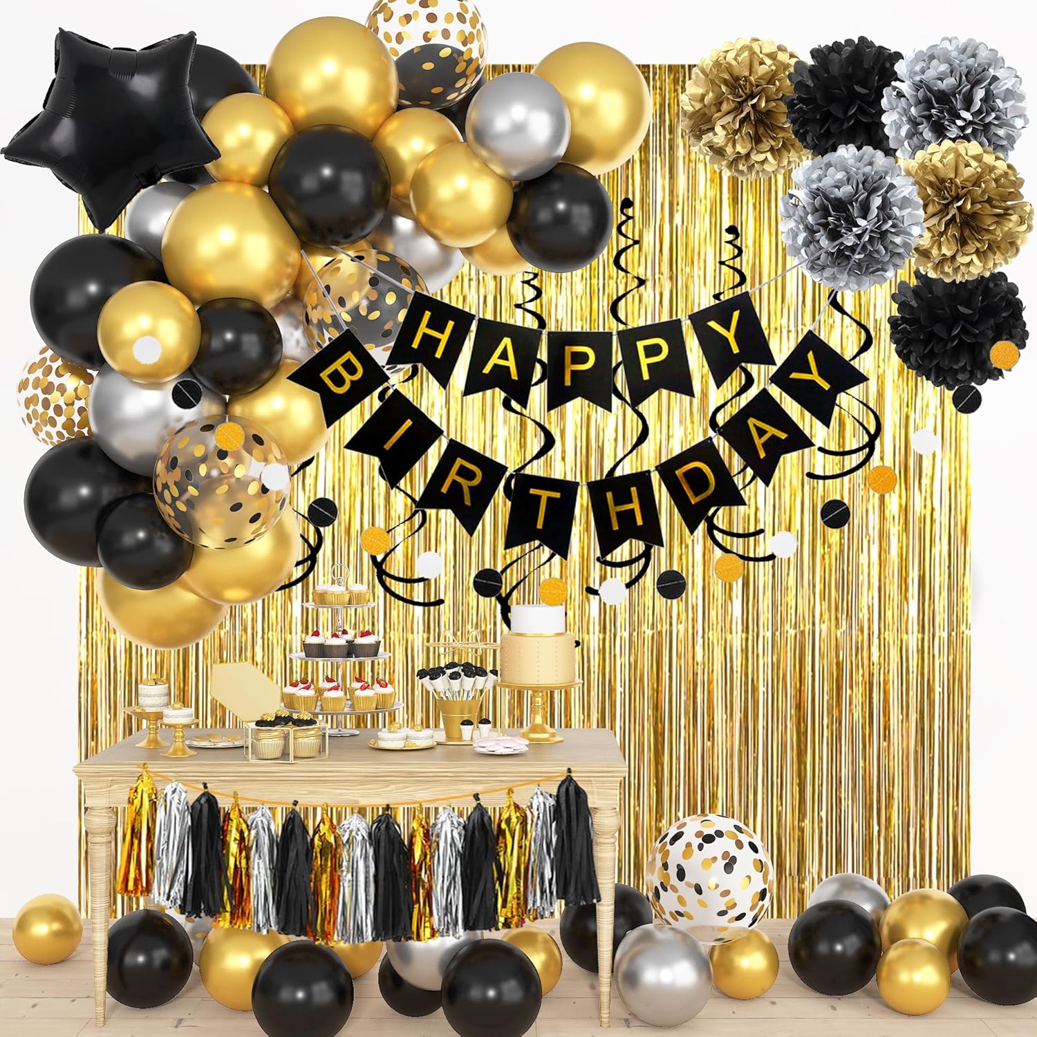 ブラックゴールド 誕生日飾り付け バルーンガーランドアーチ  - Party Banner Gold のレビューと価格