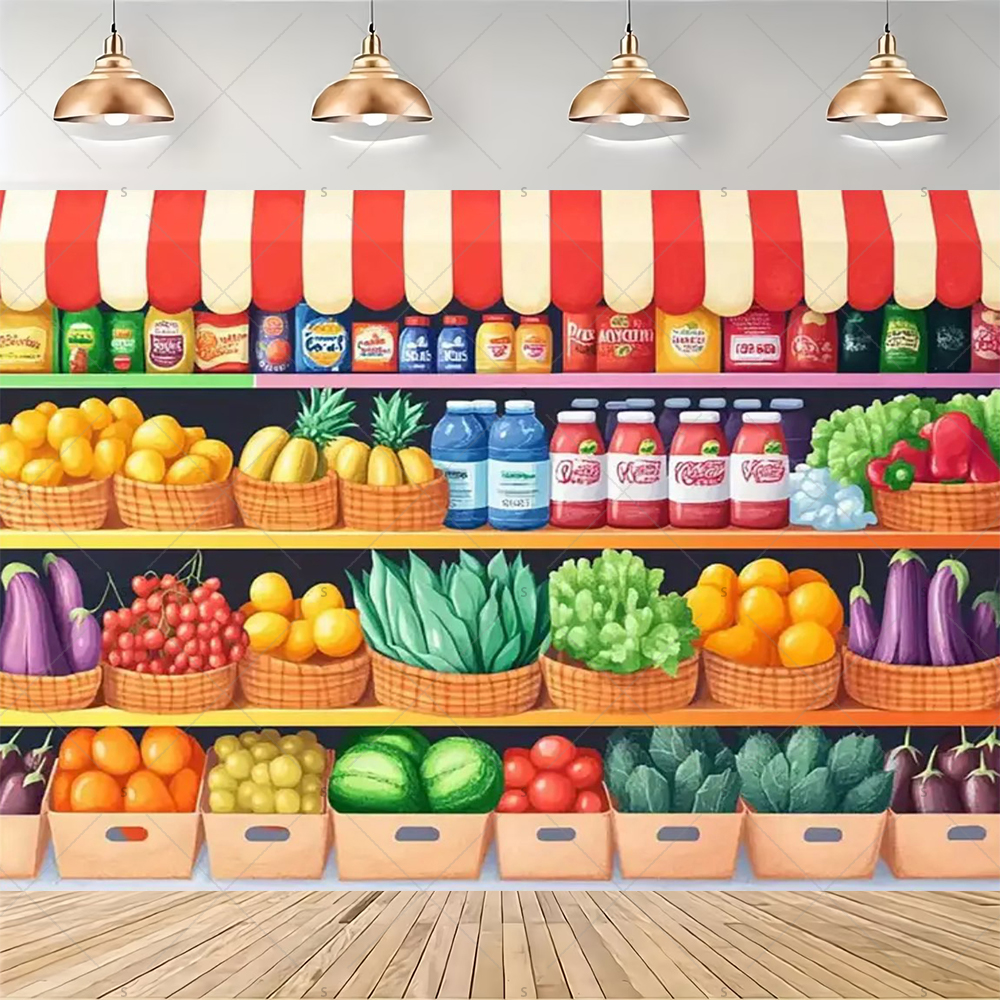 カラフルなスーパーマーケットの棚の背景、新鮮な果物や野菜、食 - Party Event Supply Store のレビューと価格