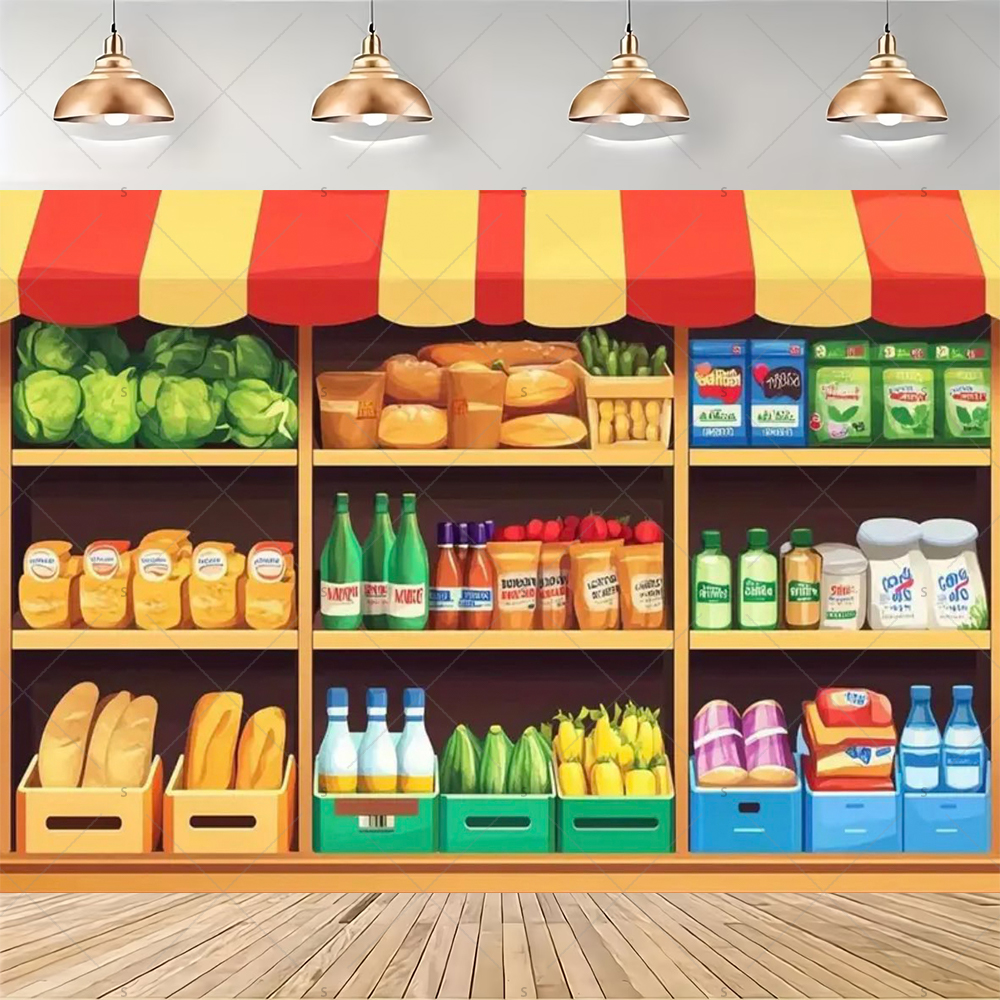カラフルなスーパーマーケットの棚の背景、新鮮な果物や野菜、食 - Party Event Supply Store のレビューと価格